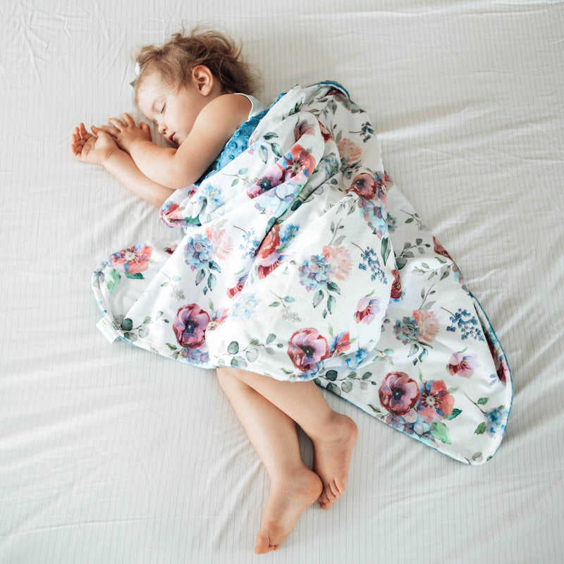 Premium blue floral baby & toddler minky blanket, super soft, lightweight, and generously sized for newborns to toddlers.