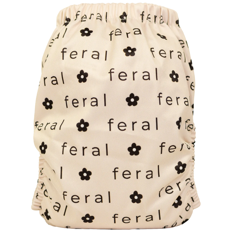 Slim fit pocket cloth diaper with floral and text pattern, suitable for babies 8-40lbs.