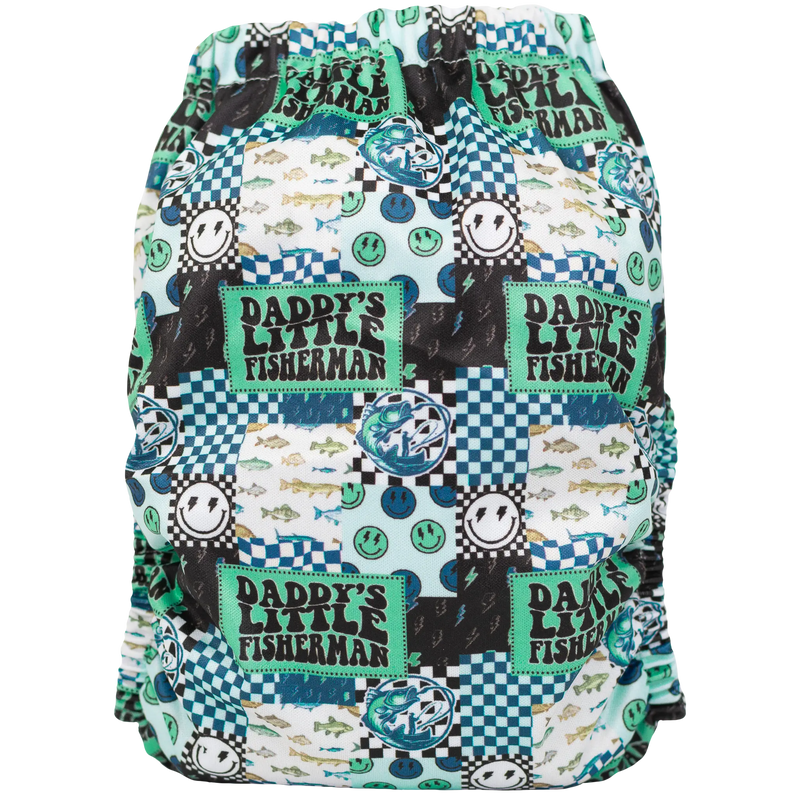 Slim Fit AIO Cloth Diaper with colorful graphic design, featuring moisture-wicking fabric and adjustable snap closures.