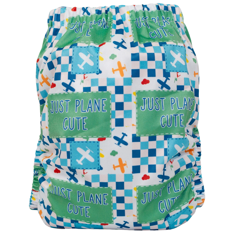 Slim Fit Pocket Cloth Diaper with colorful airplane print, adjustable snaps, and moisture-wicking material.