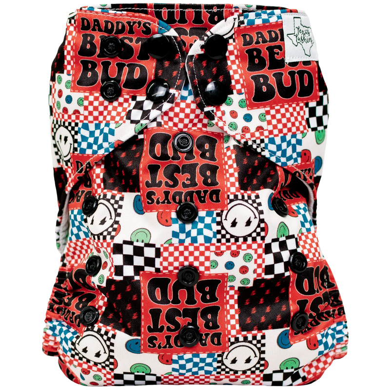 Slim Fit AIO Cloth Diaper with colorful printed pattern, adjustable snaps, and moisture-wicking material.
