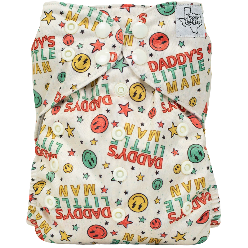 Slim Fit AIO Cloth Diaper with vibrant print, adjustable snaps, and moisture-wicking material.