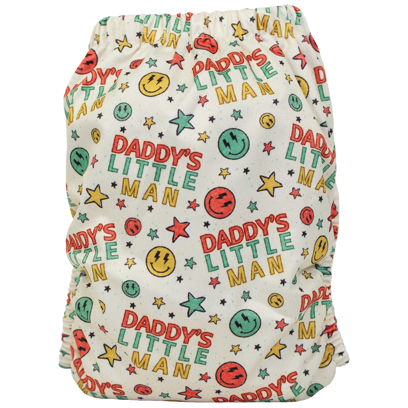 Slim Fit Pocket Cloth Diaper with colorful "Daddy's Little Man" design, athletic wicking jersey material.