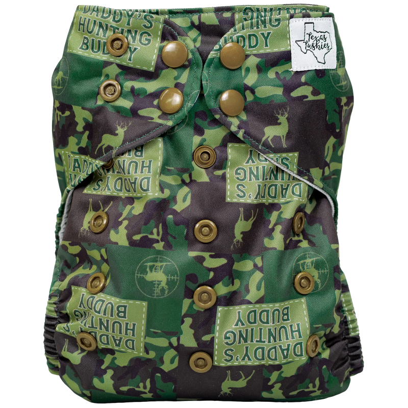 Slim Fit AIO Cloth Diaper with camo print, user-friendly snaps, and moisture-wicking material.