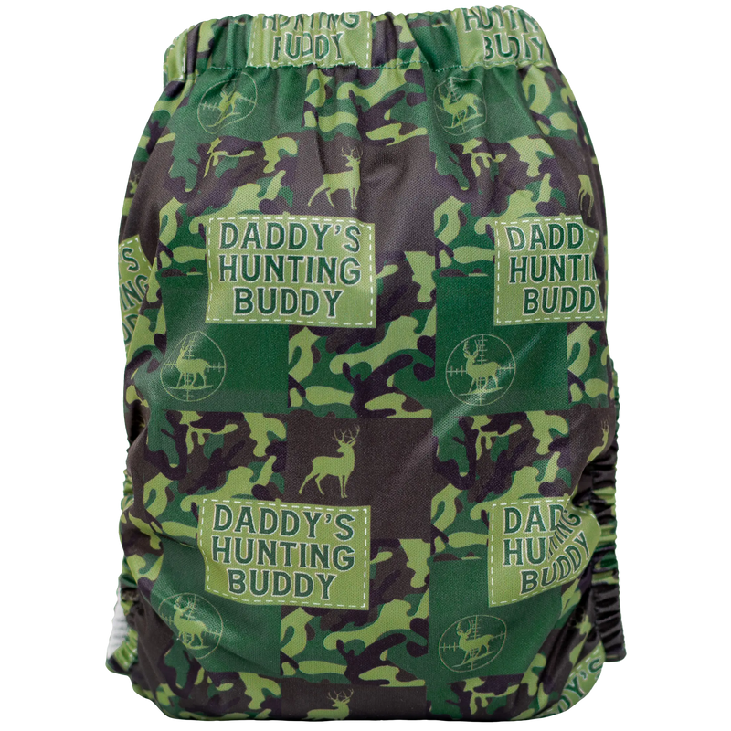 Slim fit pocket cloth diaper with "Daddy's Hunting Buddy" camouflage design.