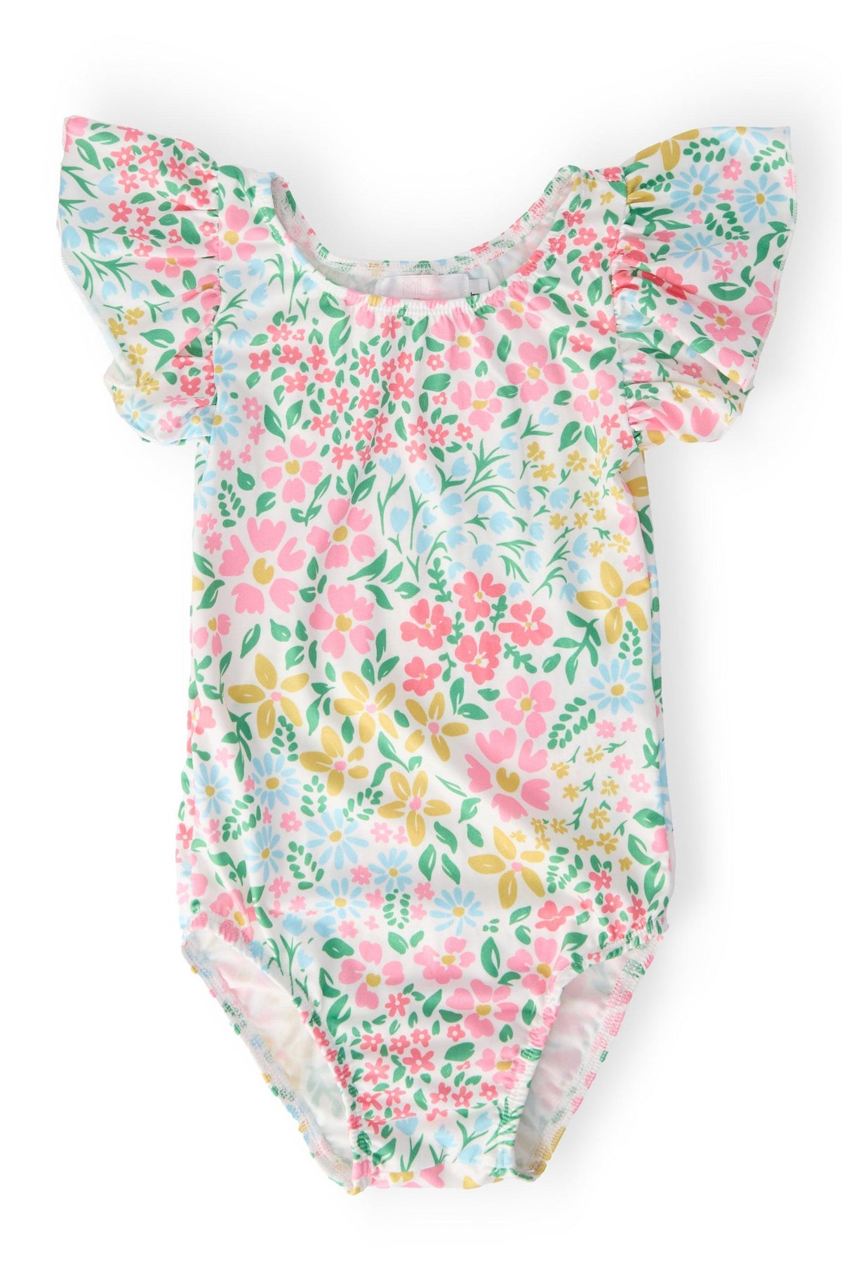 Mila & Rose Daffodils print short sleeve flutter leotard for baby or toddler, front view.