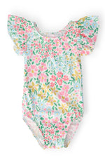 Mila & Rose Daffodils print short sleeve flutter leotard for baby or toddler, front view.