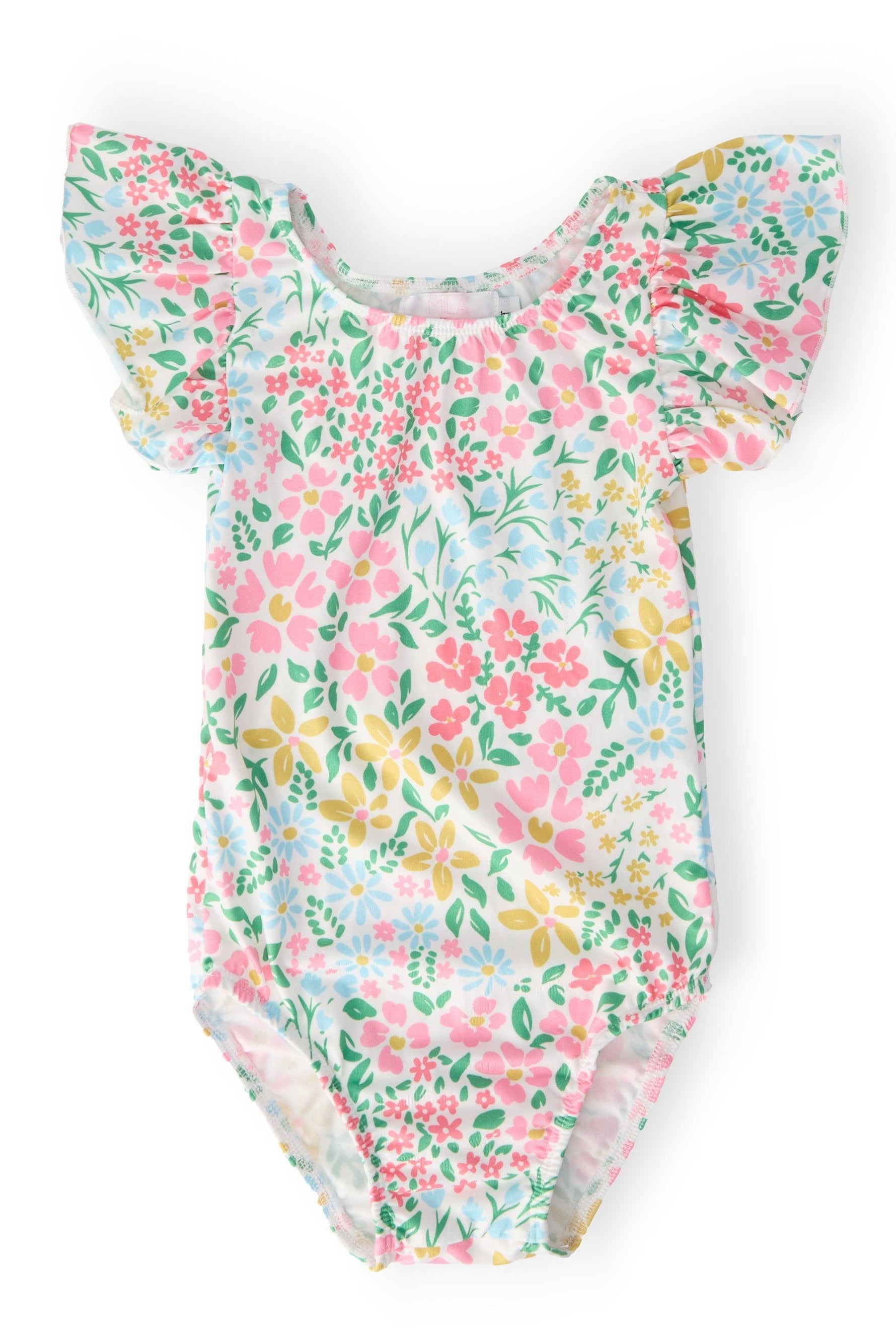 Mila & Rose Daffodils print short sleeve flutter leotard for baby or toddler, front view.