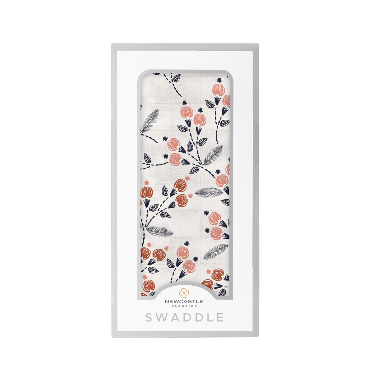 Bamboo muslin swaddle blanket with a pink dahlia floral pattern spread out flat