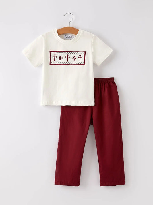 Dark Red Smocked Church Christ Bishop Christening Boys Set Rylee Faith Designs Everetts Place: Online Boutique