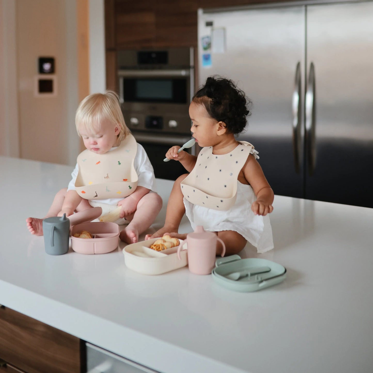 BPA Free Plastic Lunchbox with Built In Compartments and Locking Utensils Mushie