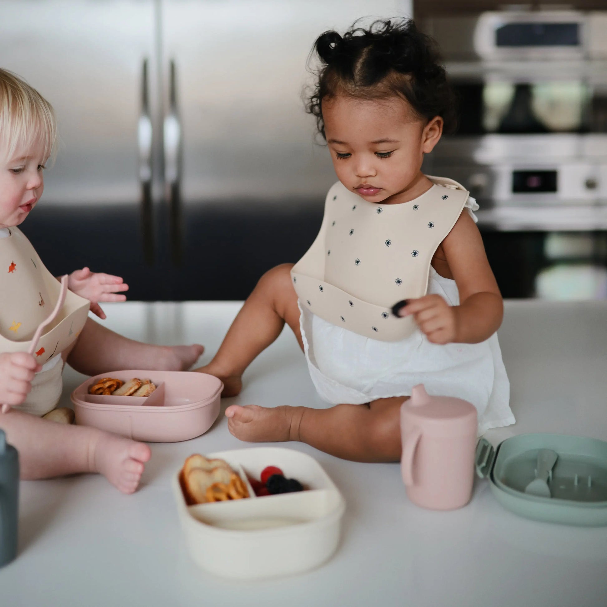 BPA Free Plastic Lunchbox with Built In Compartments and Locking Utensils Mushie
