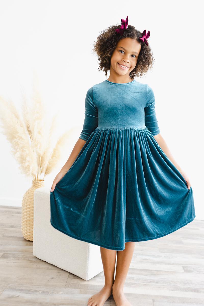 Denim Blue Velvet Twirl Dress for Girls Mila and Rose Mila & Rose ® Everetts Place: Online Boutique