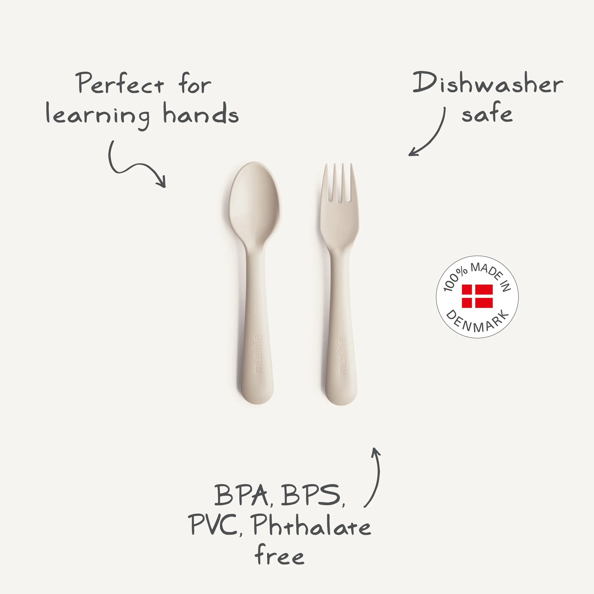 Dinnerware Fork and Spoon Set for Kids BPA Free Plastic Flatware Dishwasher Safe Made in Denmark Mushie Everetts Place: Online Boutique