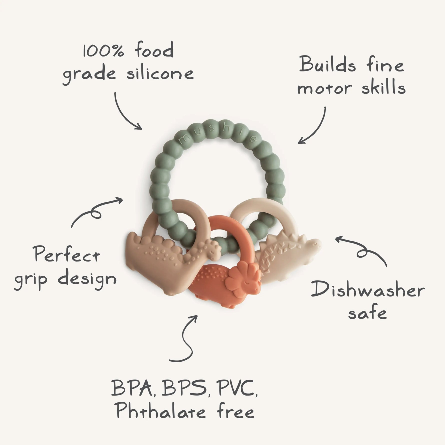 Mushie Dino Teething Ring with Sensory Shapes and Textures - Baby & Toddler > Baby Health > Pacifiers & Teethers teether