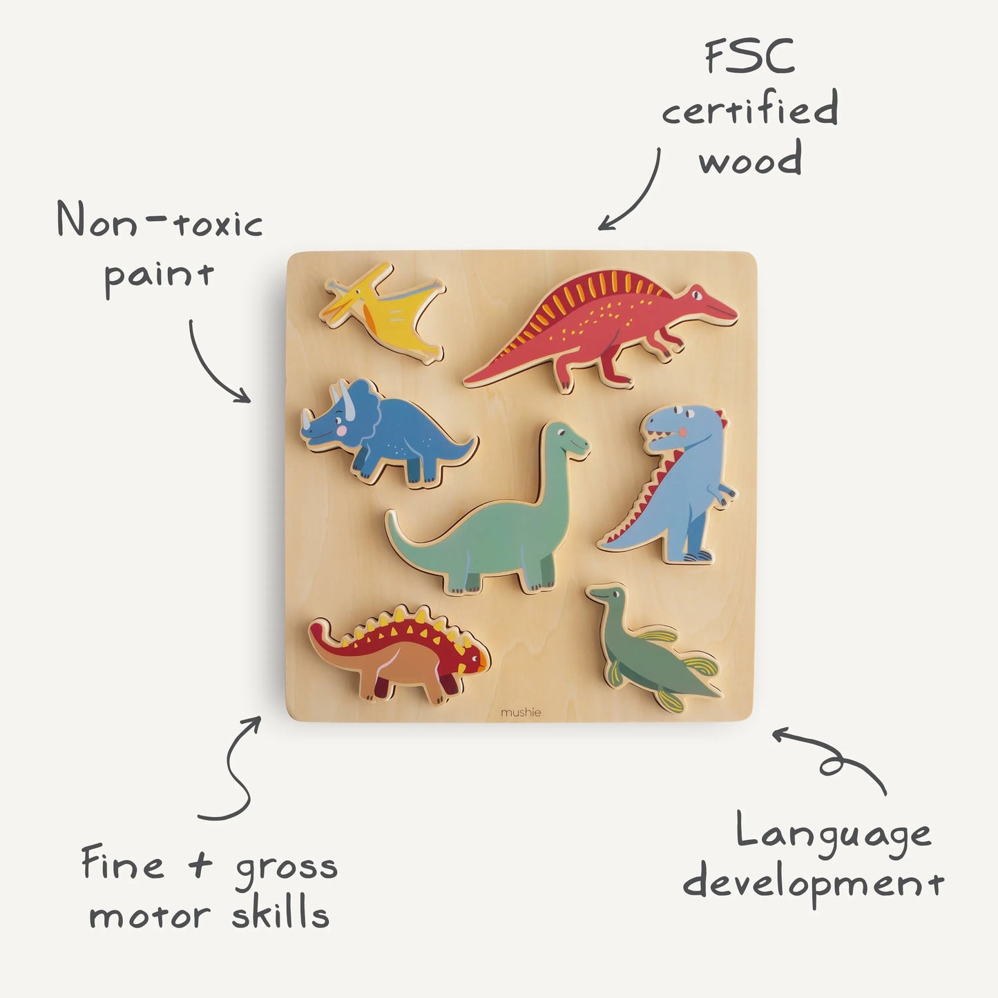 Wooden Dinosaur Puzzle for Kids Educational Toy with Seven Dino Pieces Mushie