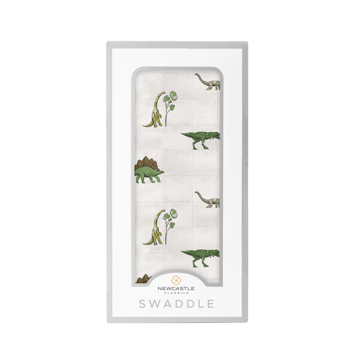 Cotton muslin swaddle blanket with a dinosaur print in soft muted colors, spread flat