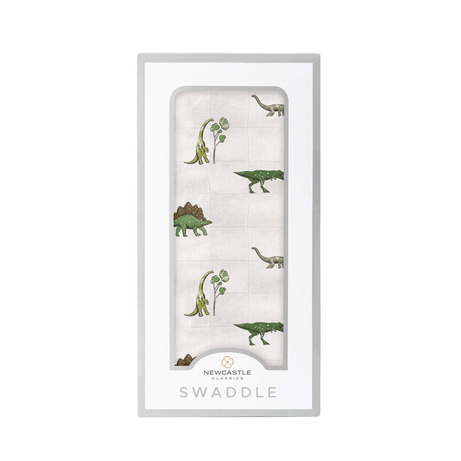 Cotton muslin swaddle blanket with a dinosaur print in soft muted colors, spread flat