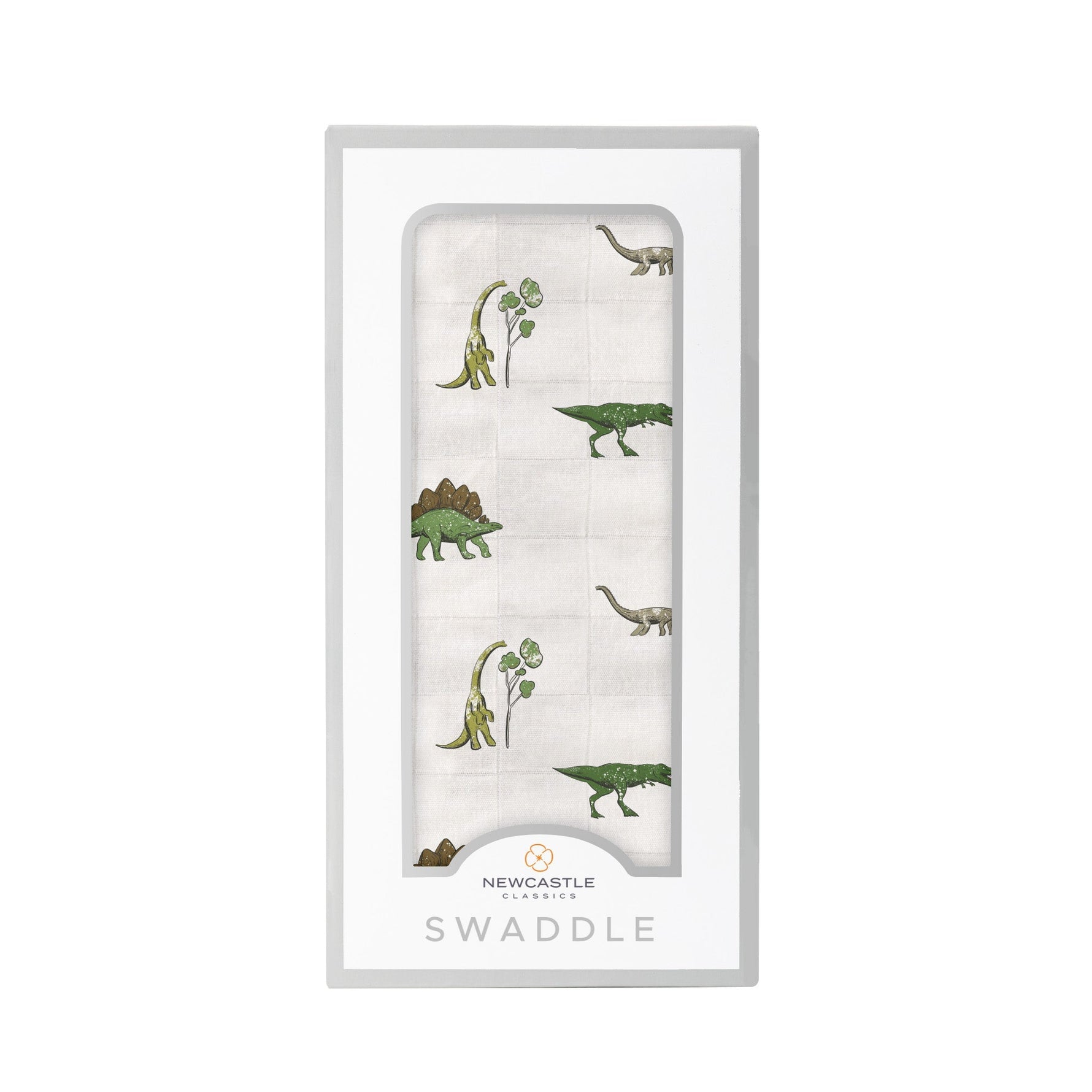 Cotton muslin swaddle blanket with a dinosaur print in soft muted colors, spread flat