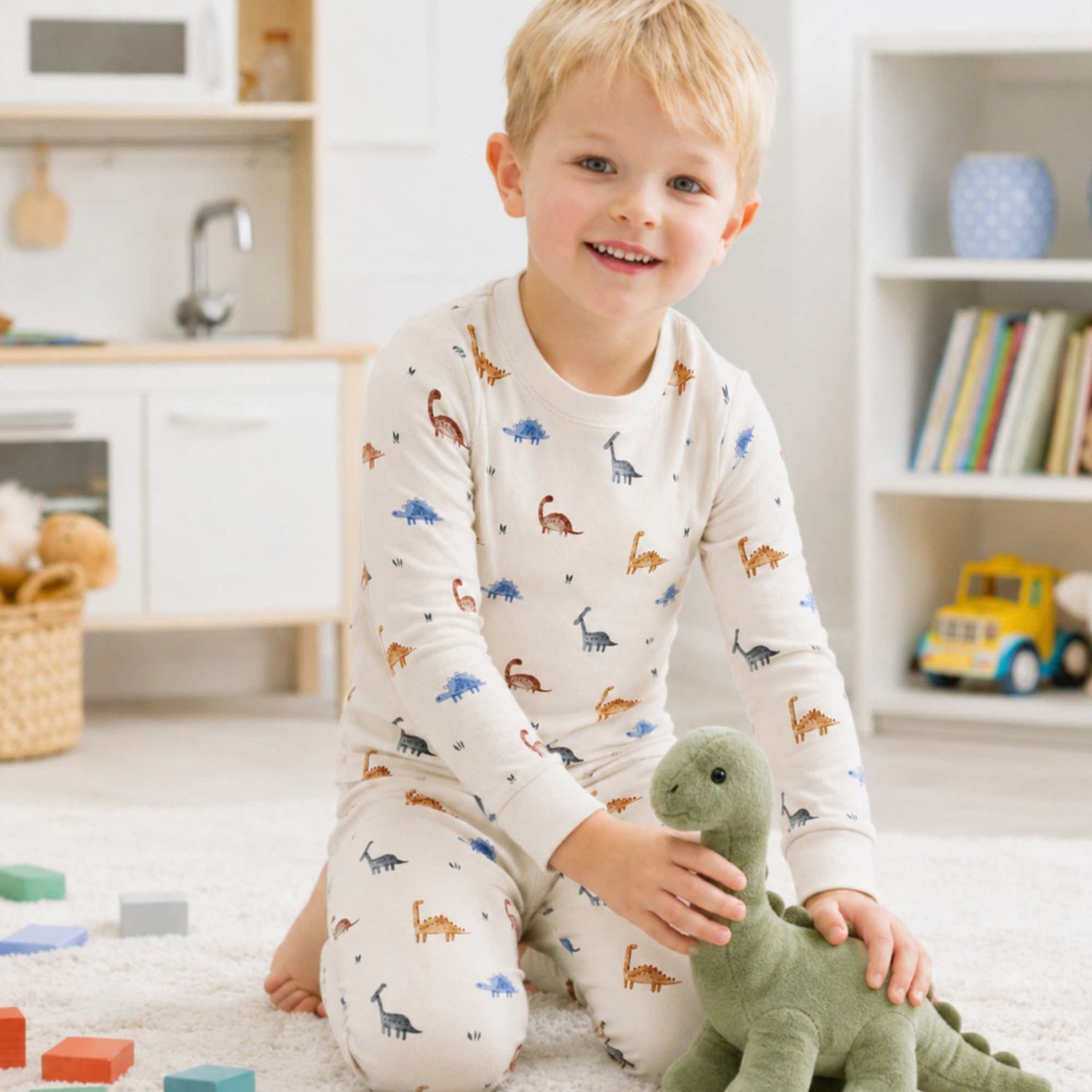 Kids two-piece pajama set with dinosaur print, long-sleeve top and pants