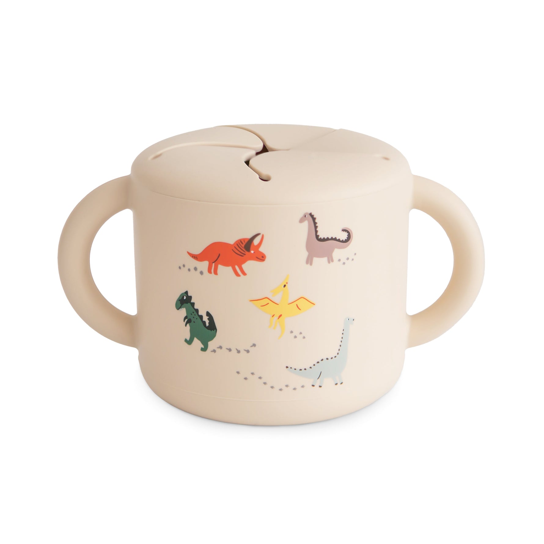 Mushie Silicone Snack Cup with lid, spill-proof design for toddlers and babies, shown in a neutral color.