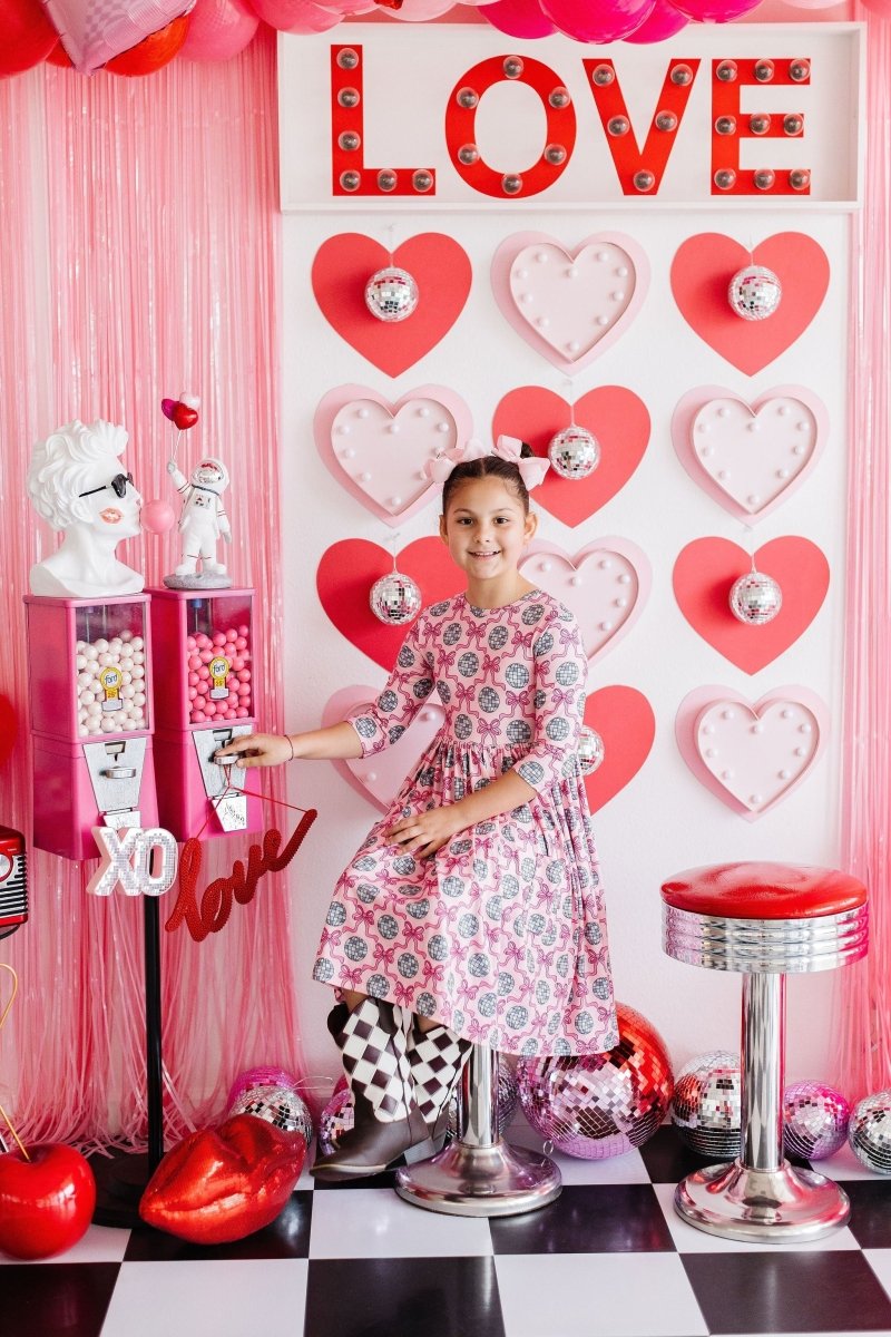 Mila & Rose ® Disco Bows 3 4 Sleeve Pocket Twirl Dress For Girls Kids - Everetts Place Boutique - 