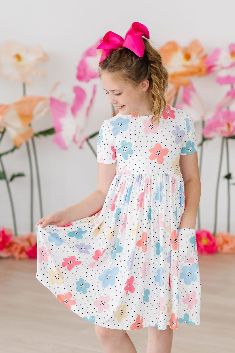 Mila & Rose ® Dots and Daisies Short Sleeve Pocket Twirl Dress for Girls - Everetts Place Boutique - 