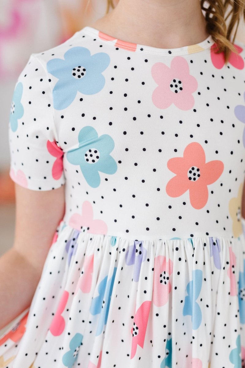 Mila & Rose ® Dots and Daisies Short Sleeve Pocket Twirl Dress for Girls - Everetts Place Boutique - 