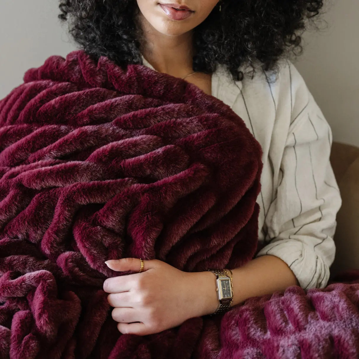 Double Ruched Faux Fur XL Throw Blanket by Saranoni Saranoni Everetts Place Boutique 189.00