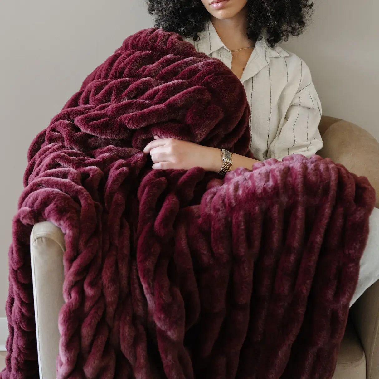 Double Ruched Faux Fur XL Throw Blanket by Saranoni Saranoni Everetts Place Boutique