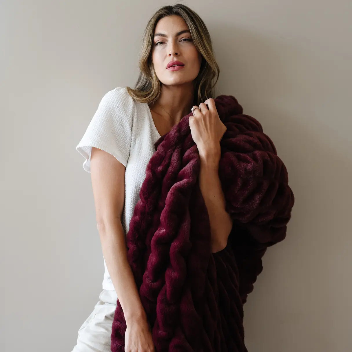 Double Ruched Faux Fur XL Throw Blanket by Saranoni Saranoni Everetts Place Boutique