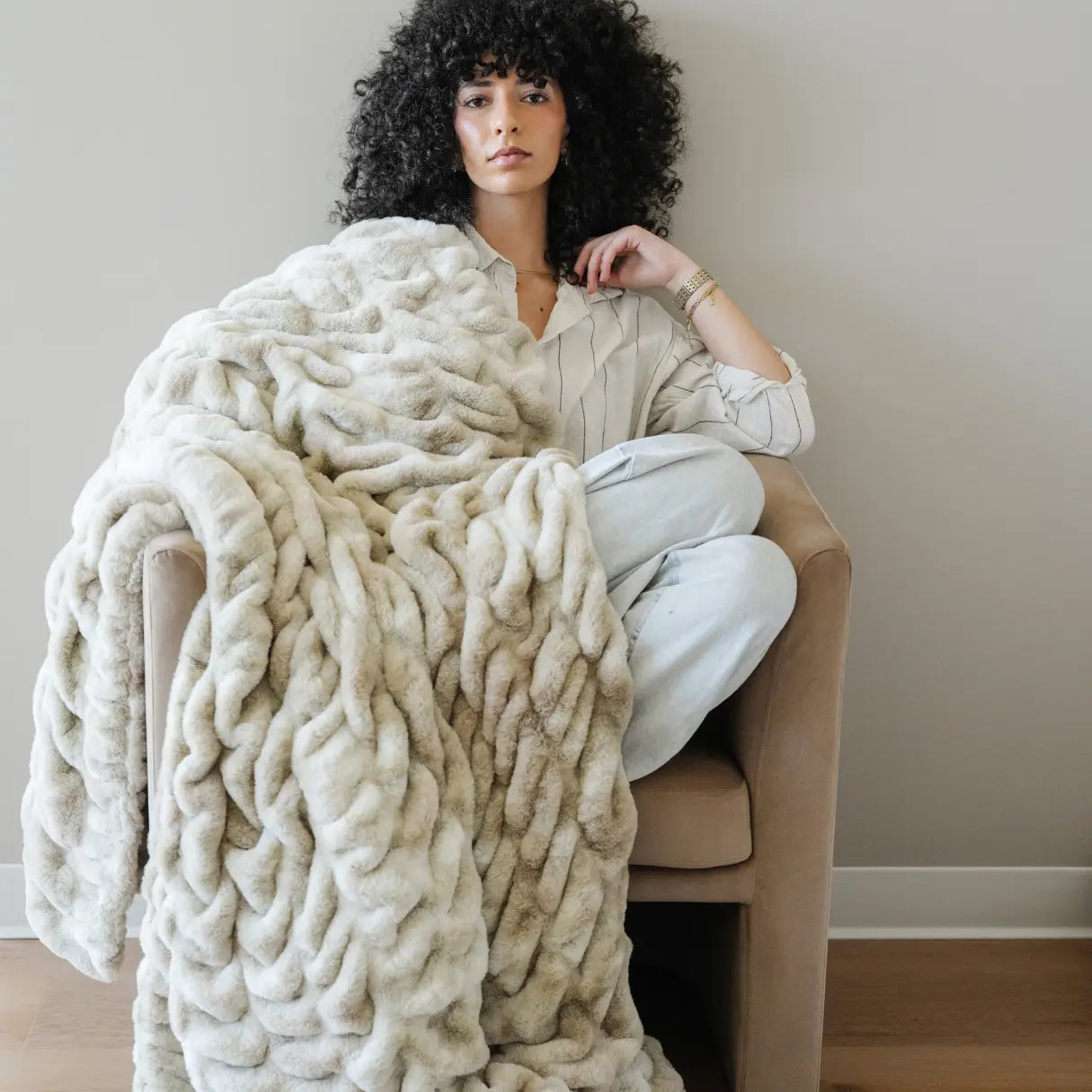 Double Ruched Faux Fur XL Throw Blanket by Saranoni Saranoni Everetts Place Boutique