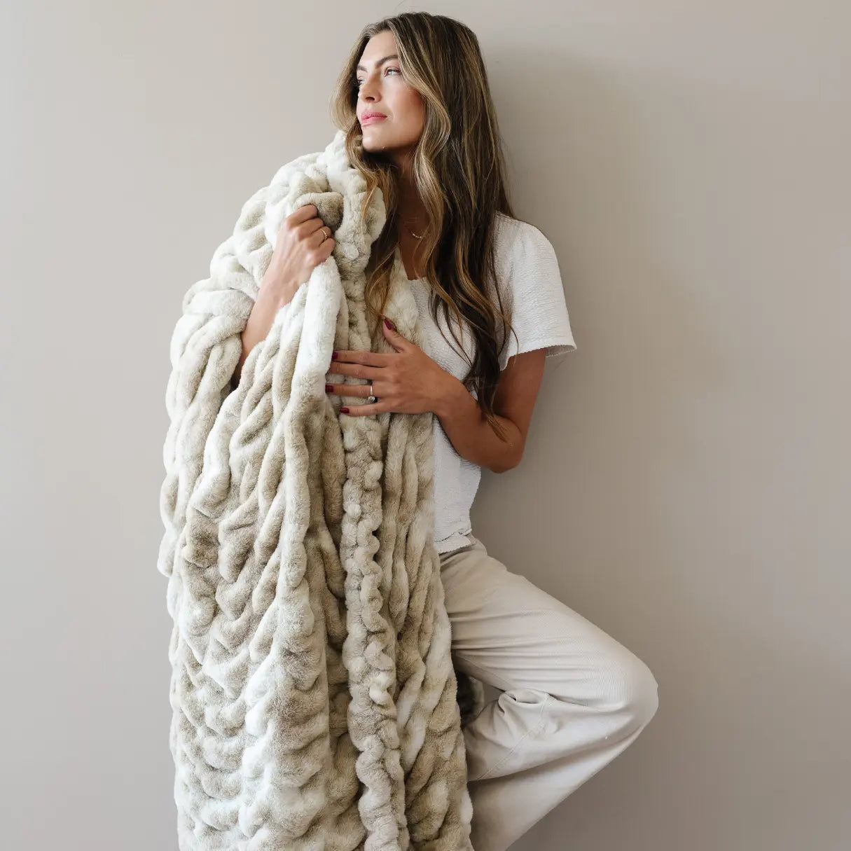 Double Ruched Faux Fur XL Throw Blanket by Saranoni Saranoni Everetts Place Boutique