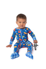 Electric Blue Space Dinosaur Bamboo Zip Onesie by Rayn’s Tiny Stitches
