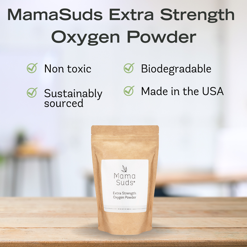 Extra Strength Oxygen Powder in eco-friendly packaging; non-toxic, biodegradable, sustainably sourced, made in USA.