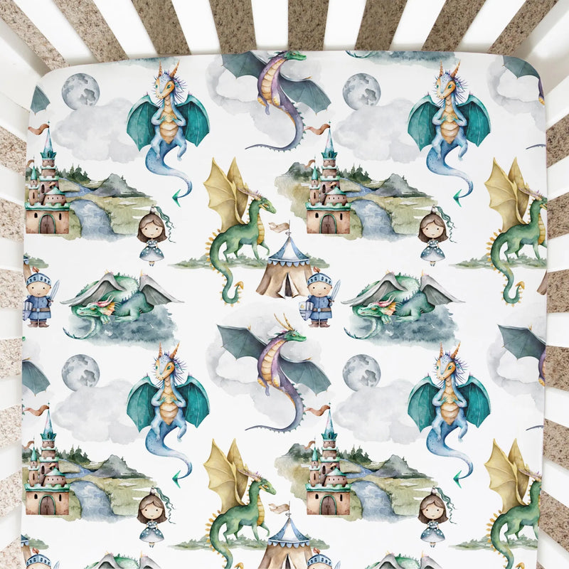 Fitted crib sheet with dragons and knights pattern in a standard size crib.