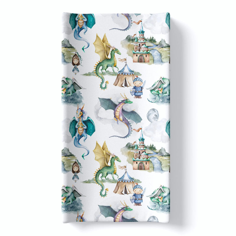 Dragons and knights themed changing pad cover with soft, stretchy fabric.