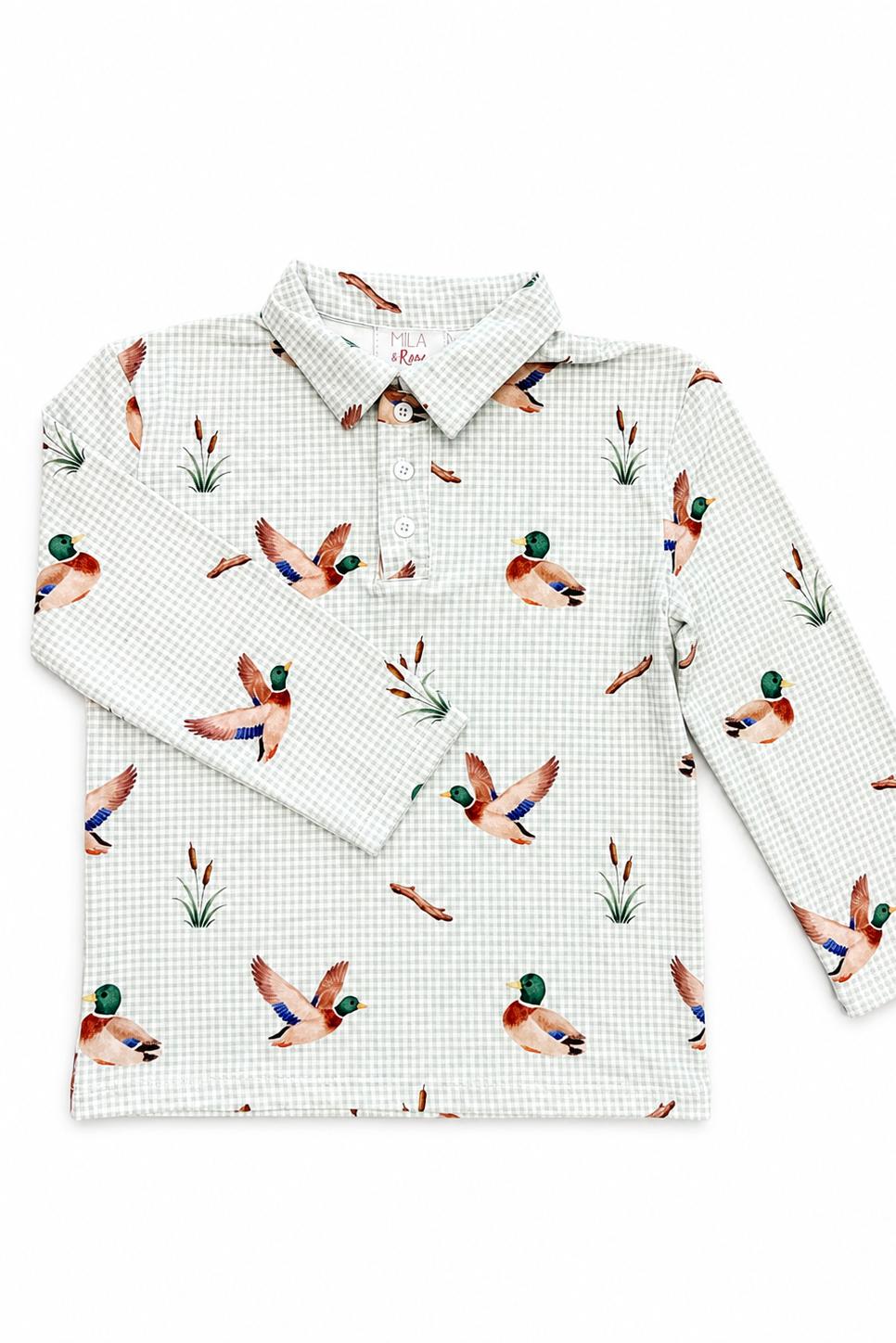 Long-sleeve boys' polo with a duck pond print and collared neckline