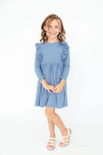 Dusty Blue Long Sleeve Ruffle Twirl Dress For Girls Mila & Rose ® Everetts Place: Online Boutique