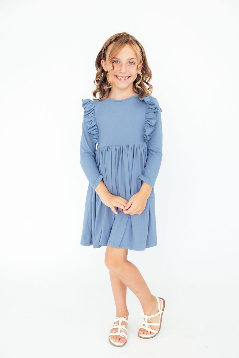 Mila & Rose ® Dusty Blue Long Sleeve Ruffle Twirl Dress For Girls - Everetts Place Boutique - 