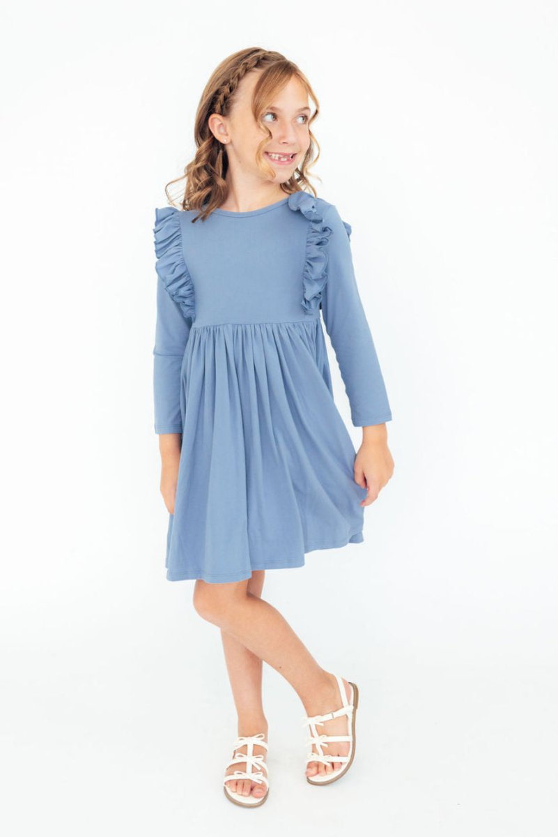 Mila & Rose ® Dusty Blue Long Sleeve Ruffle Twirl Dress For Girls - Everetts Place Boutique - 