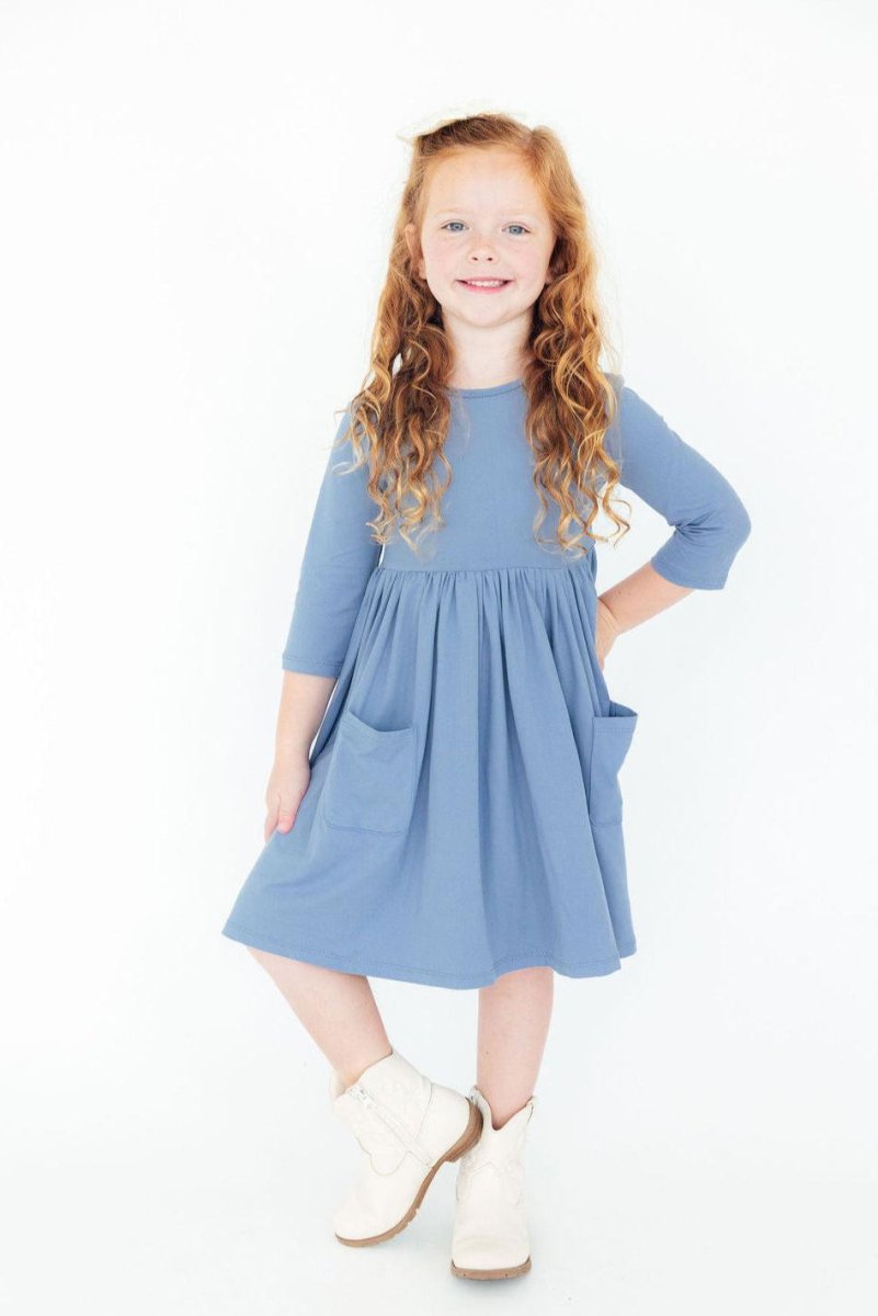 Mila & Rose ® Dusty Blue Twirl Dress With Pockets Three Quarter Sleeve - Everetts Place Boutique - 