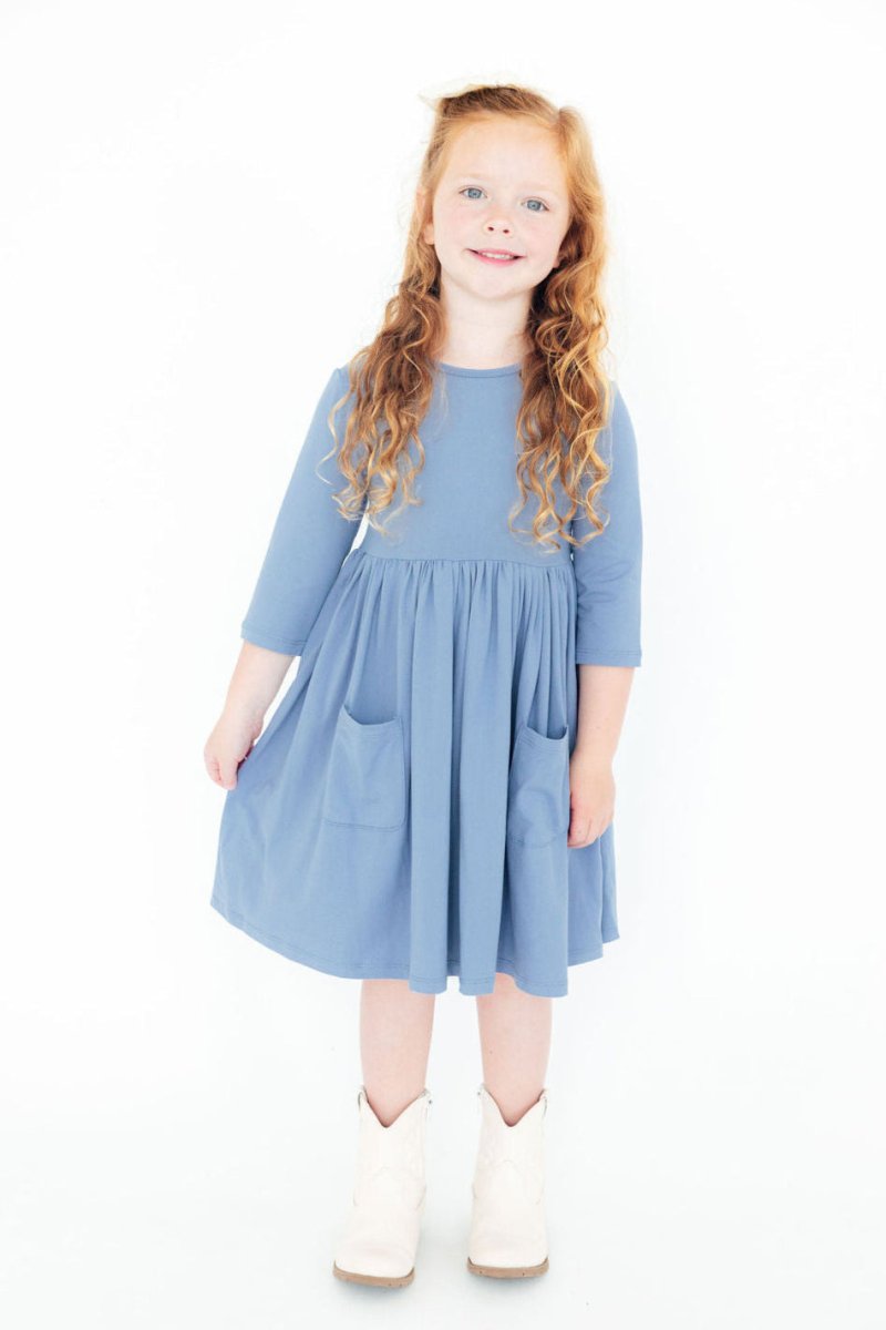 Mila & Rose ® Dusty Blue Twirl Dress With Pockets Three Quarter Sleeve - Everetts Place Boutique - 