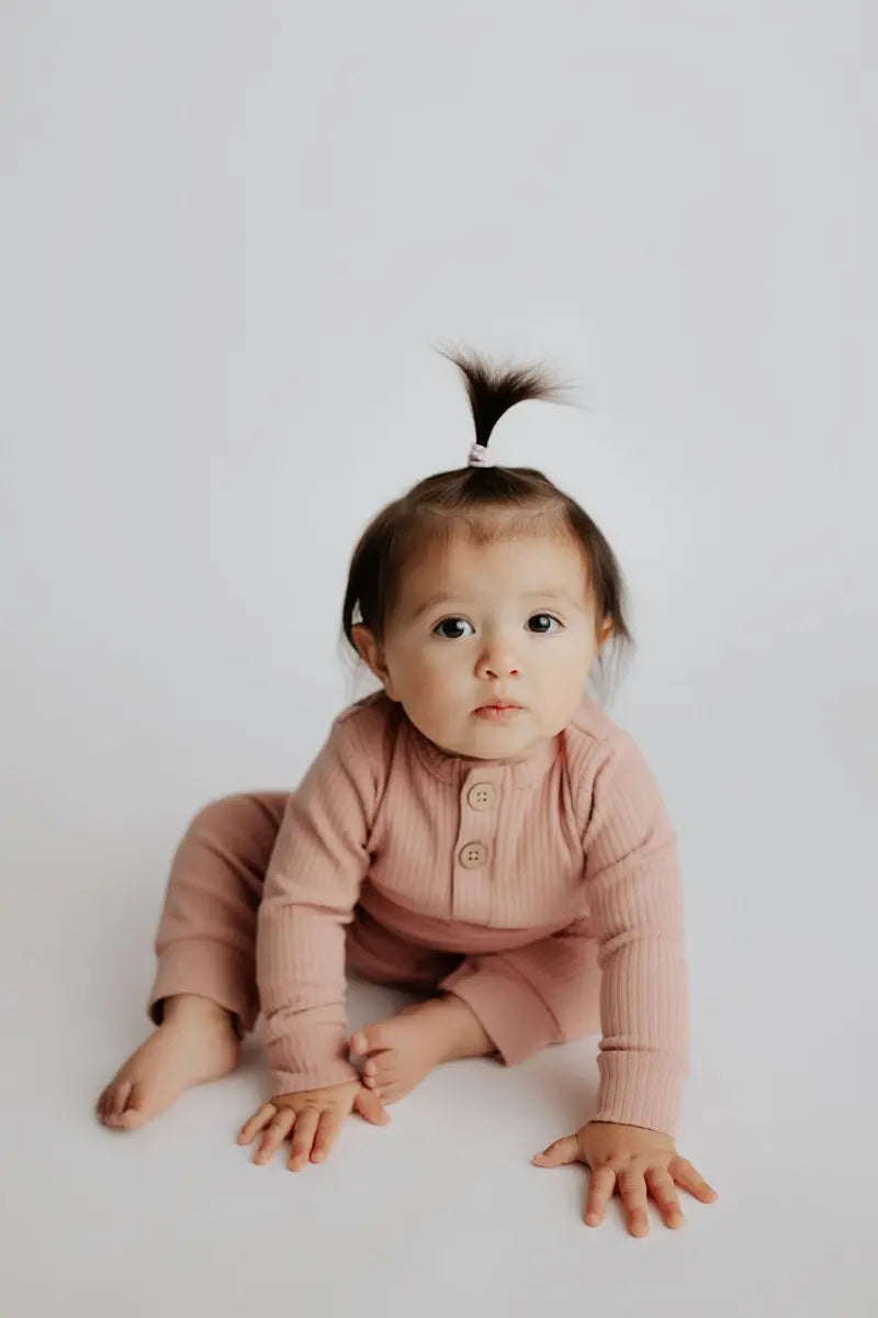 Three Little Tots Dusty Rose Pink Baby Ribbed Playsuit with pockets - 