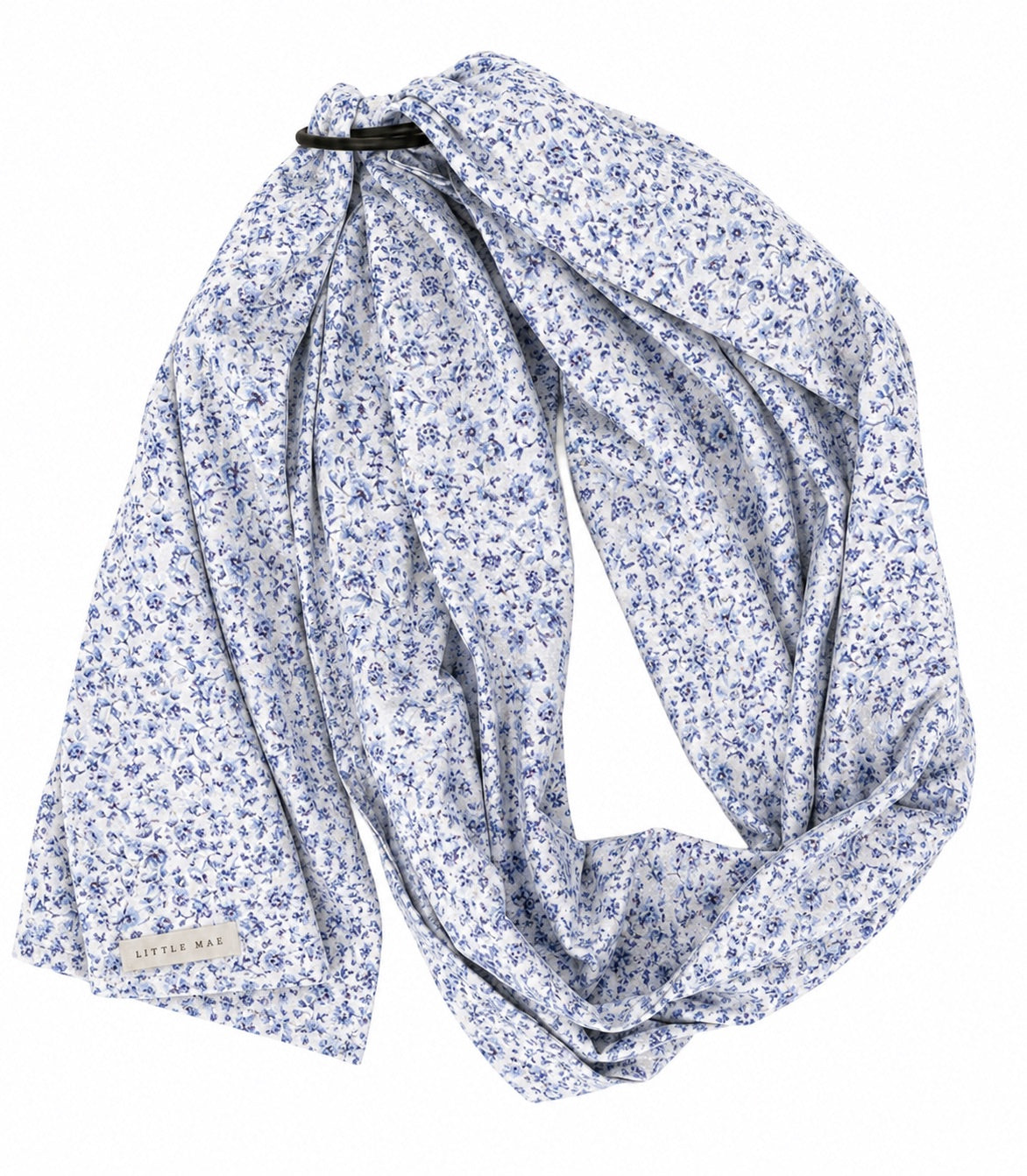 Blue floral ring sling baby carrier with black aluminum rings and long cotton blend tail