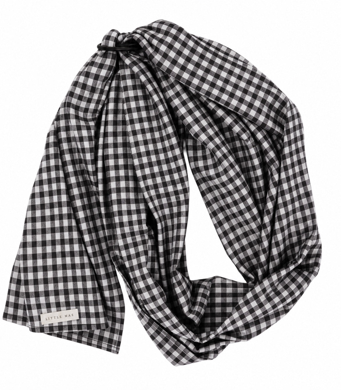 Black and white gingham ring sling baby carrier with black aluminum rings and long fabric tail
