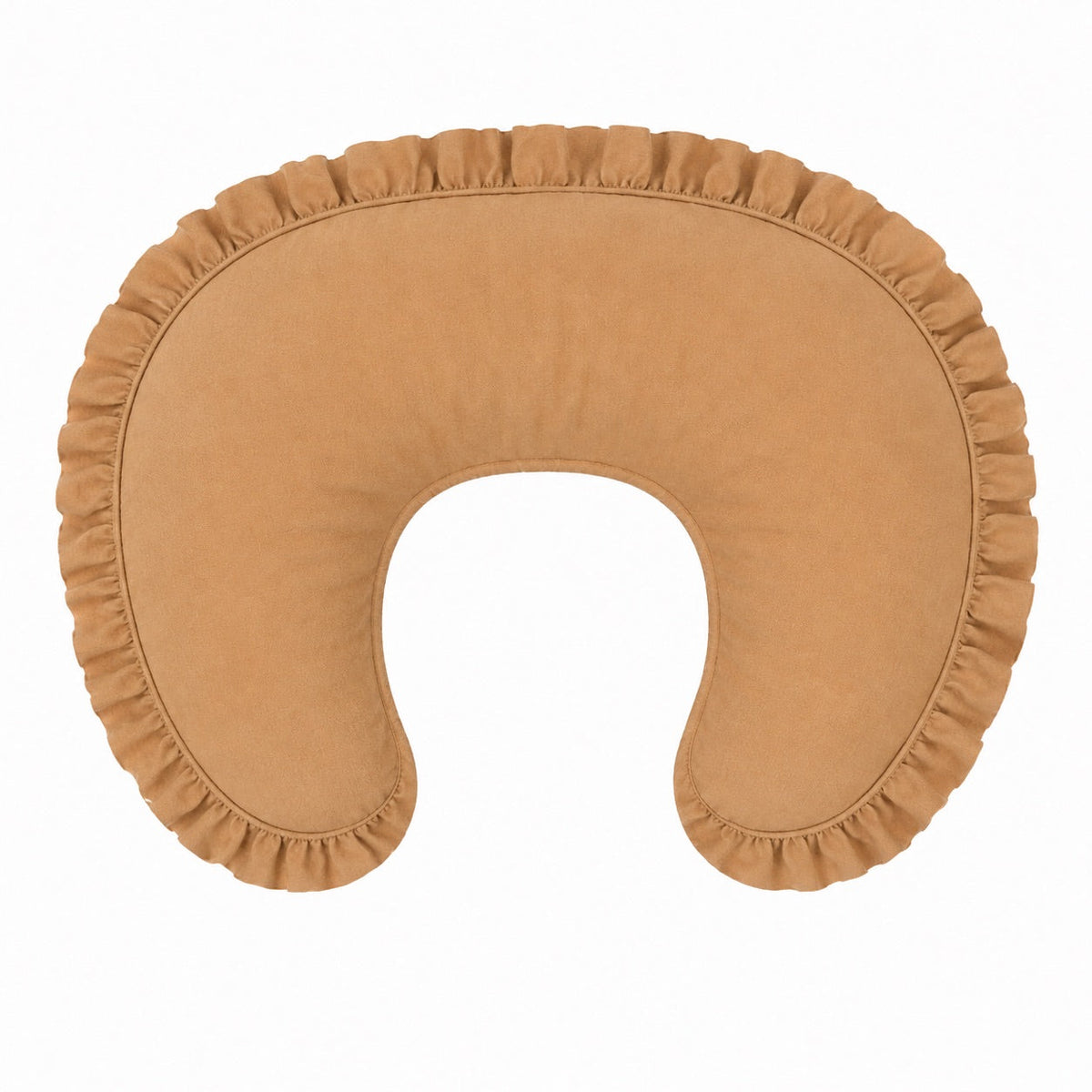 Solid brown nursing pillow cover with ruffle trim edging, shown fitted on a curved nursing pillow