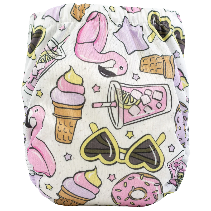 Colorful printed Tiny Tushies Newborn AIO cloth diaper with flamingos, ice creams, and sunglasses design.