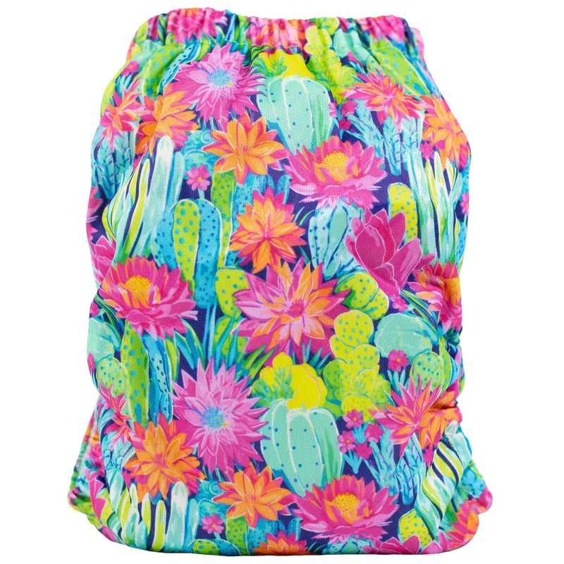 Colorful cactus-themed slim fit pocket cloth diaper for babies 8-40lbs.