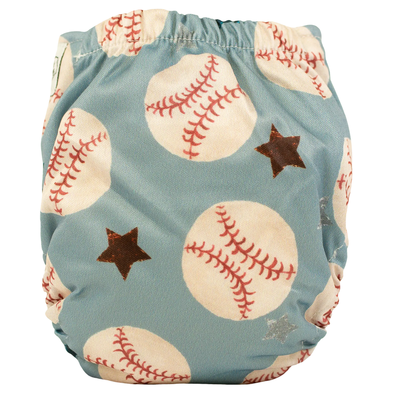 Tiny Tushies Newborn AIO Cloth Diaper with baseball and star pattern on blue background.